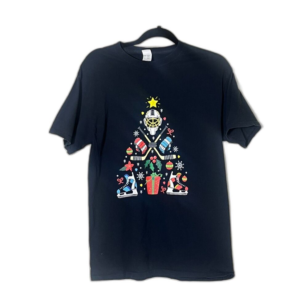 Hockey Goalie Christmas Tree TShirt Ugly Festive Holiday Medium